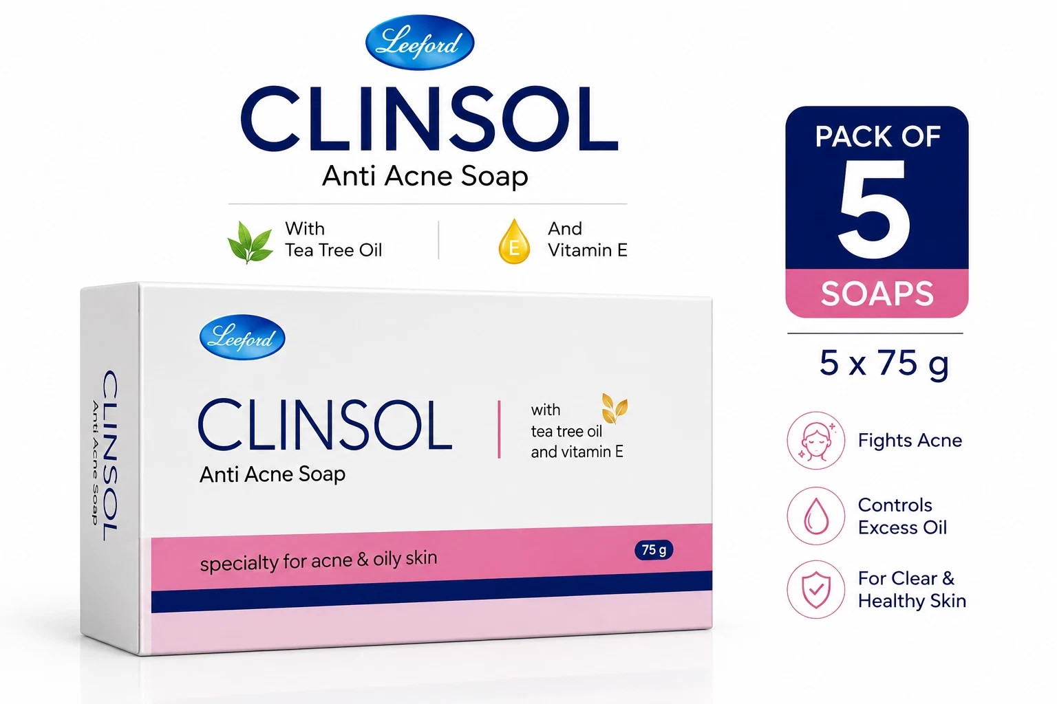 CLINSOL SOAP PACK OF 5 (75G EACH) BEST FOR ACNE & OILY SKIN ENRICHED TEA TREE