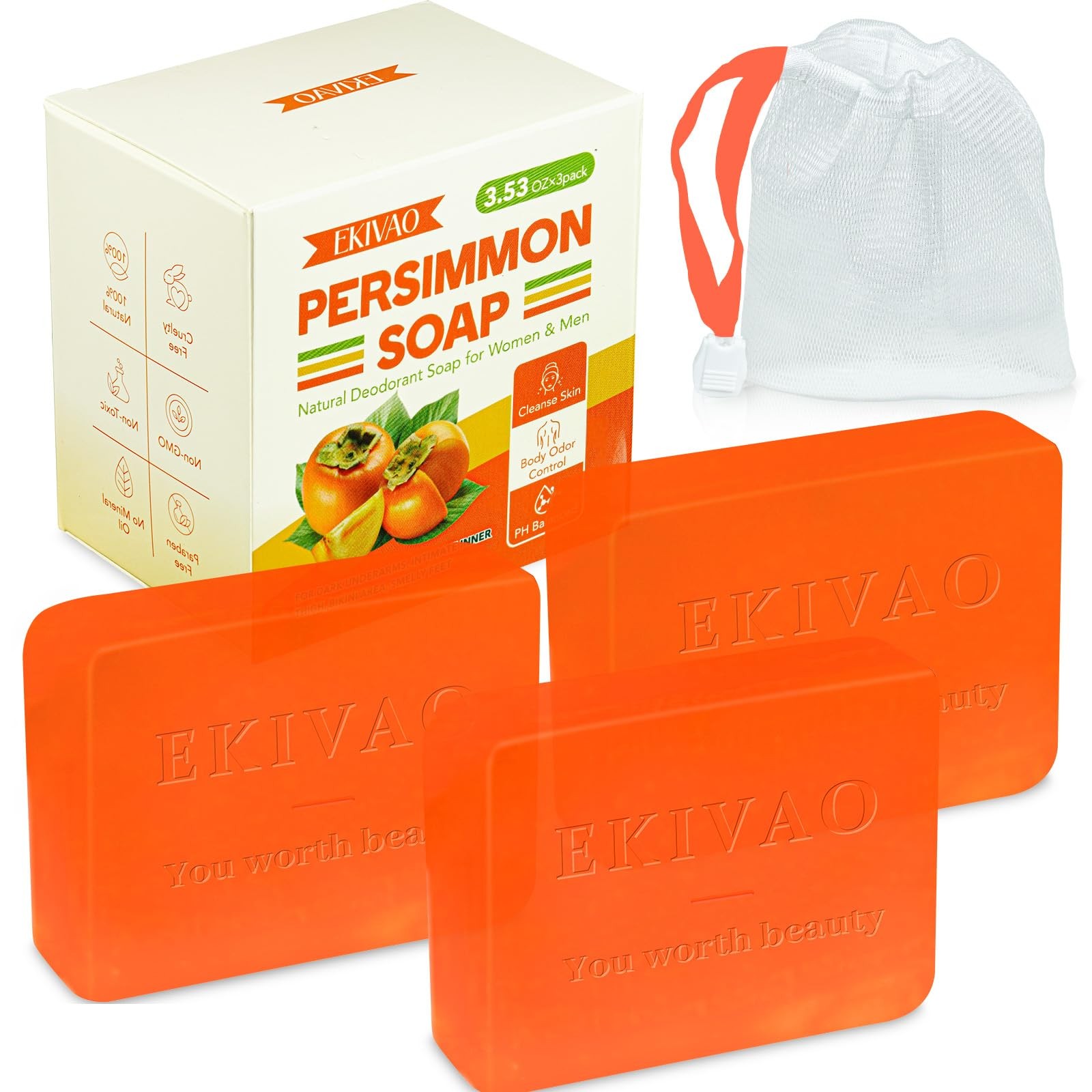 Natural Persimmon Soap Bar 3-Pack for Odor Control – Organic Deodorant Soap