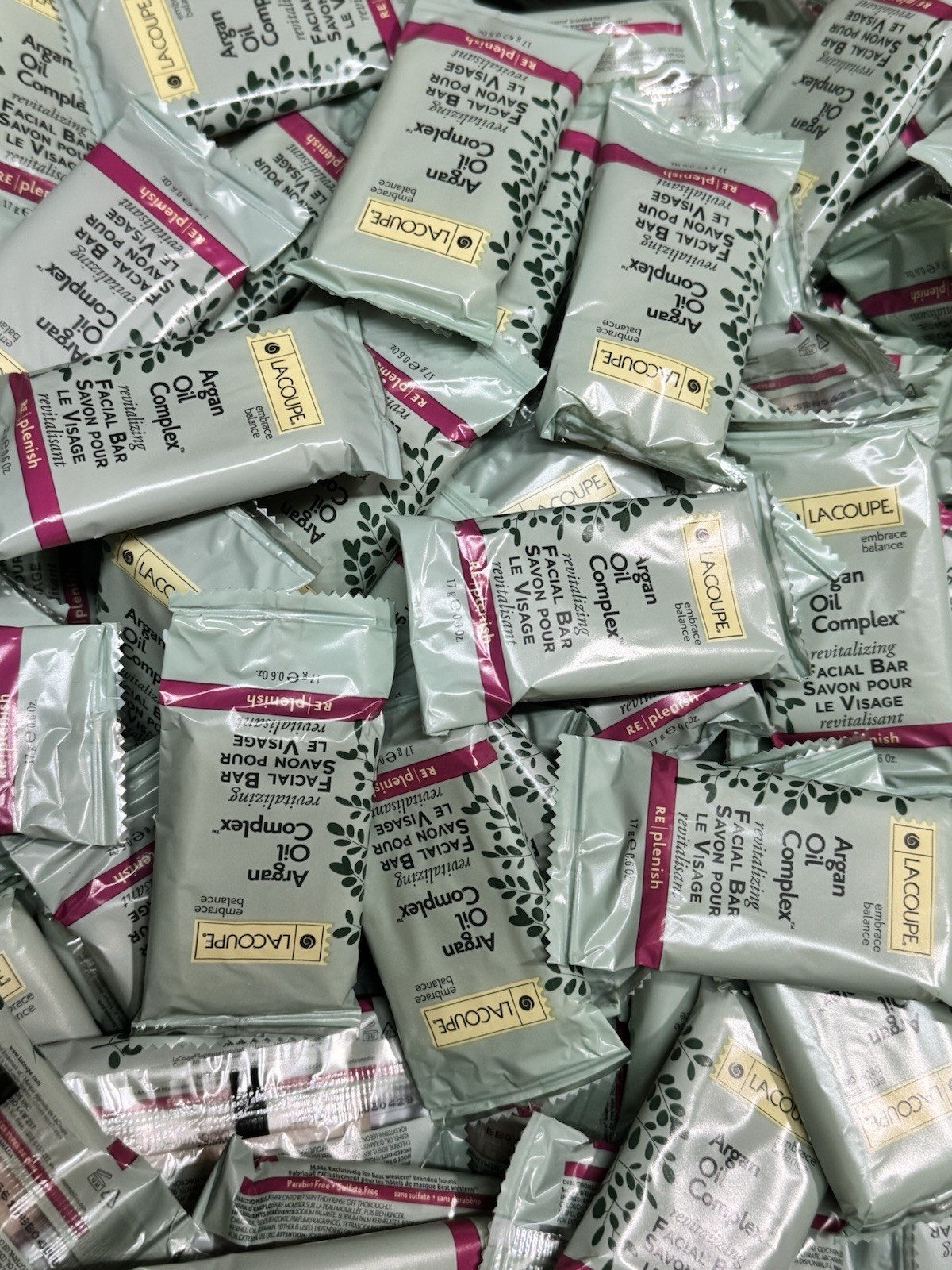 LOT OF 100 LACOUPE ‘ARGAN OIL COMPLEX’ Revitalizing FACIAL BAR SOAP .6 oz / 17g