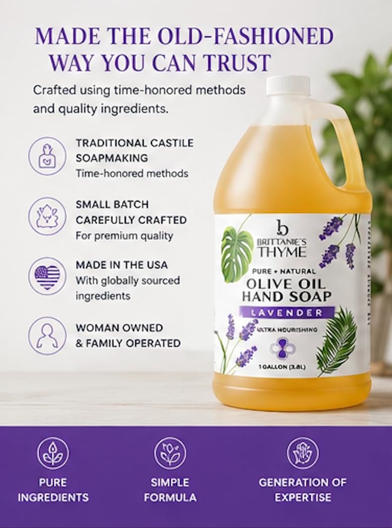 Brittanie’s Pure Organic Castile Liquid Olive Oil Soap Refill, Lavender 1 Gallon