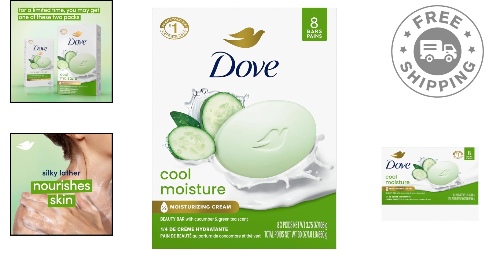 8 Bars of Cool Moisture Beauty Soap – Cucumber & Green Tea for Soft, Smooth Skin