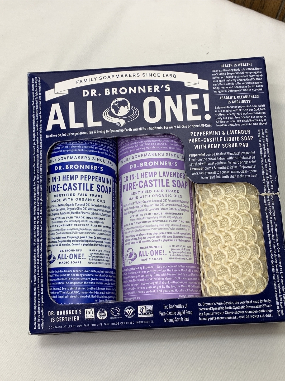 Dr Bronners Organic Liquid Soap Gift Set Peppermint Lavender Scrub Pad