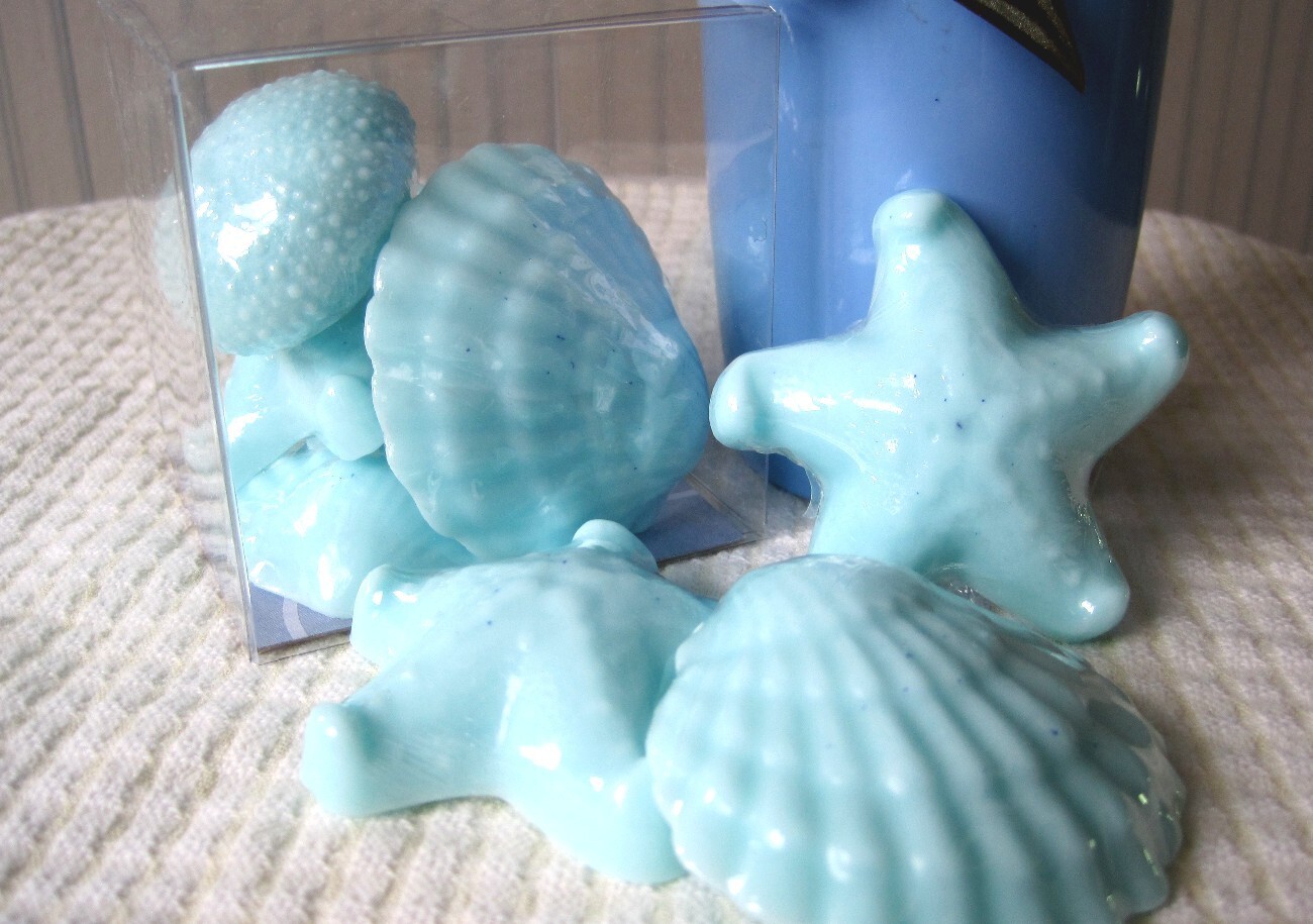 6 Marine Life Guest Soaps- 2 Starfish, 2 Clamshells, 2 Sea Urchins. In Gift box.