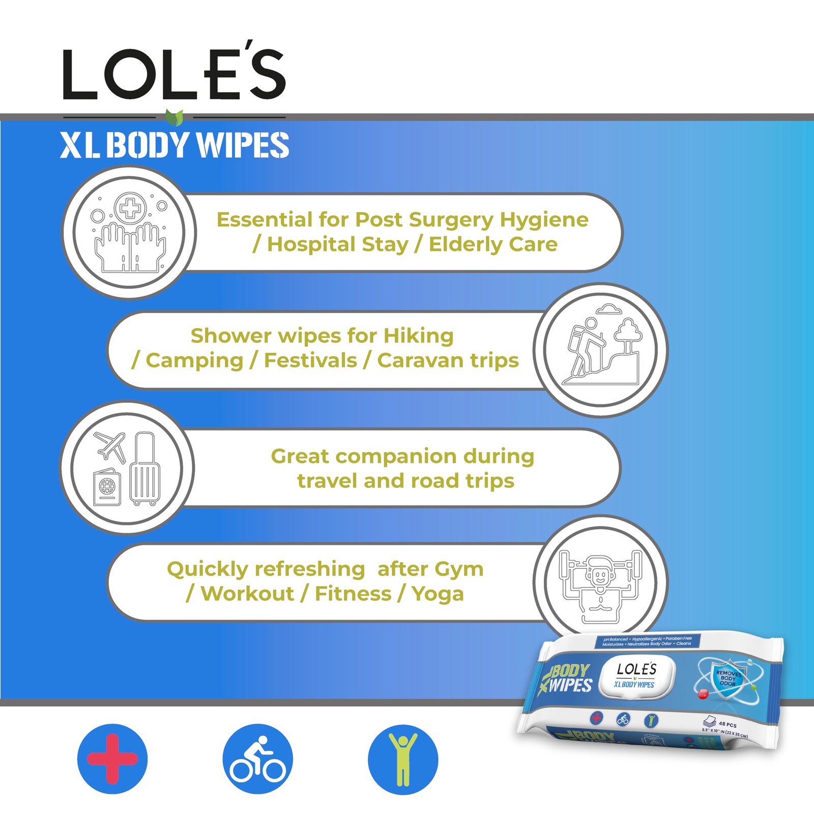LOLE’S Body Wipes for Adults Bathing No Rinse XL – Bath Wipe for Adult – 96