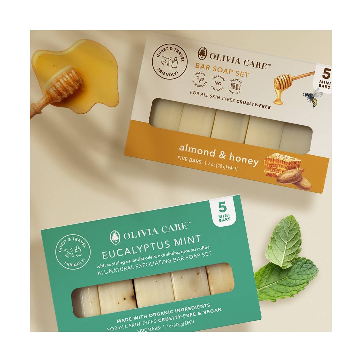 Olivia Care Travel Eucalyptus Mint Exfoliating Bar SoapSet1.7oz/5ct:Moisturizing