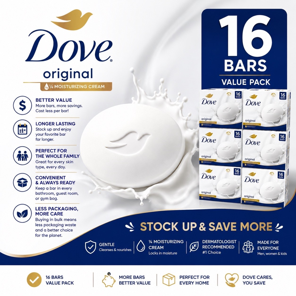 Dove Original Beauty Bar Soap 16 Count Moisturizing Cream 3.75 oz Sealed Pack