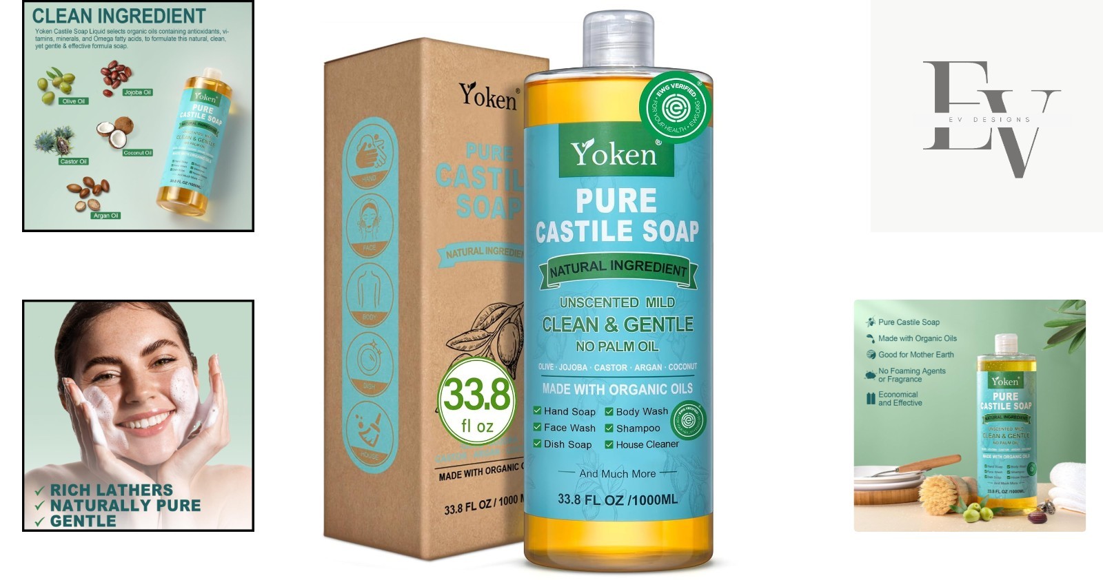 33.8 Oz Unscented Castile Soap with Organic Oils – Multi-Purpose Cleaner