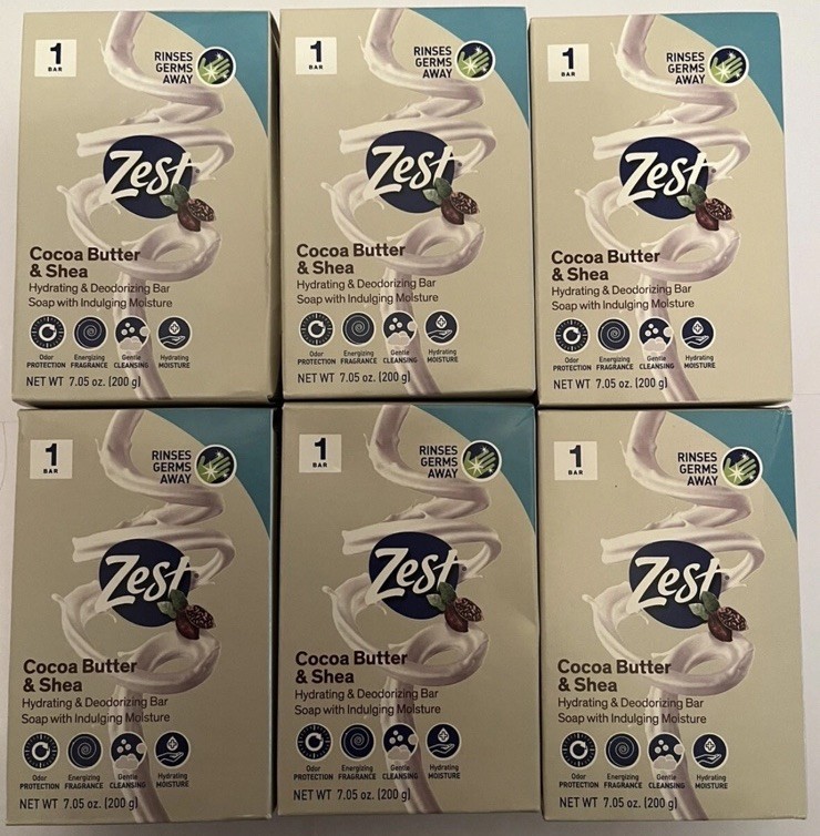 Lot of 6 Zest 7.05oz COCOA BUTTER & SHEA Hydrating & Deodorizing Jumbo Bar Soap