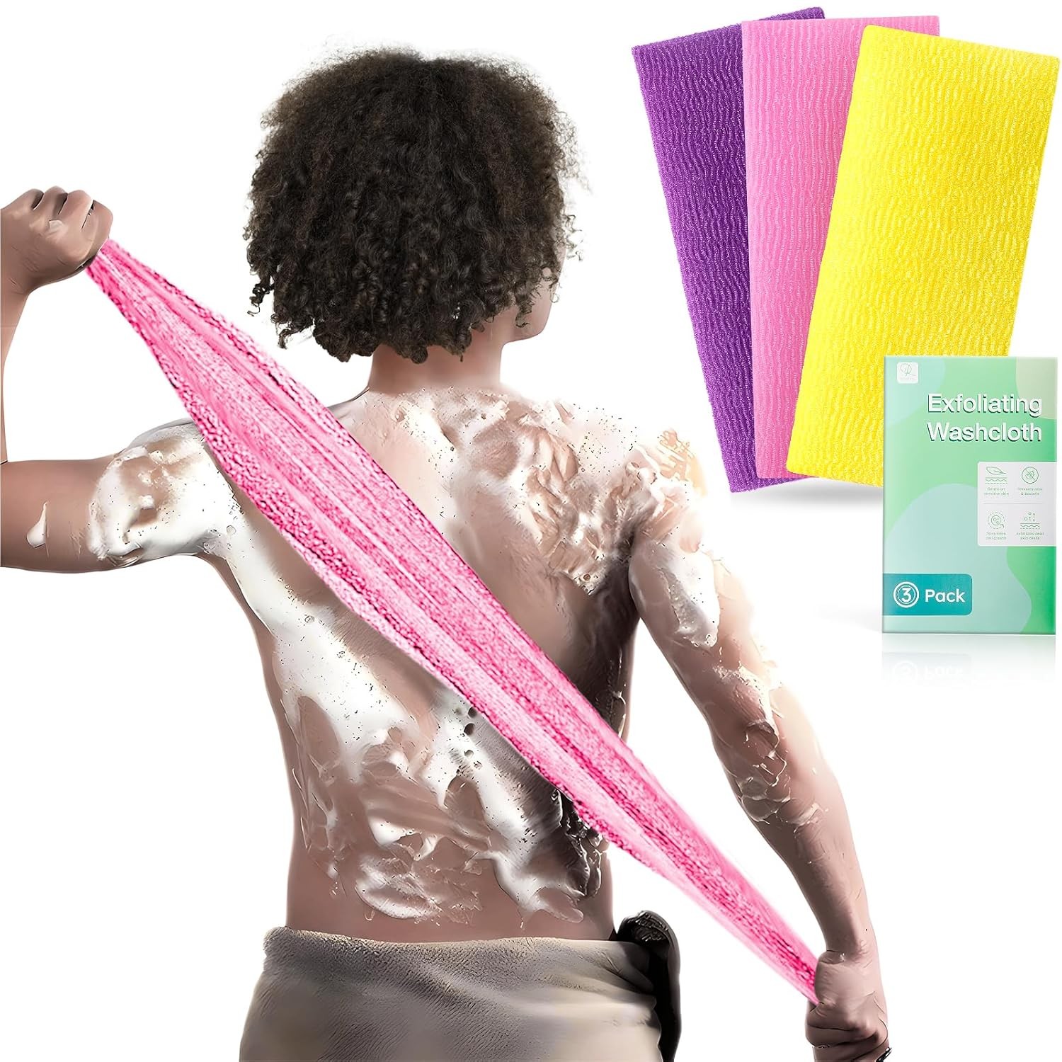 3-Piece Exfoliating Washcloth Set – African Net Sponge, Pink,purple,yellow