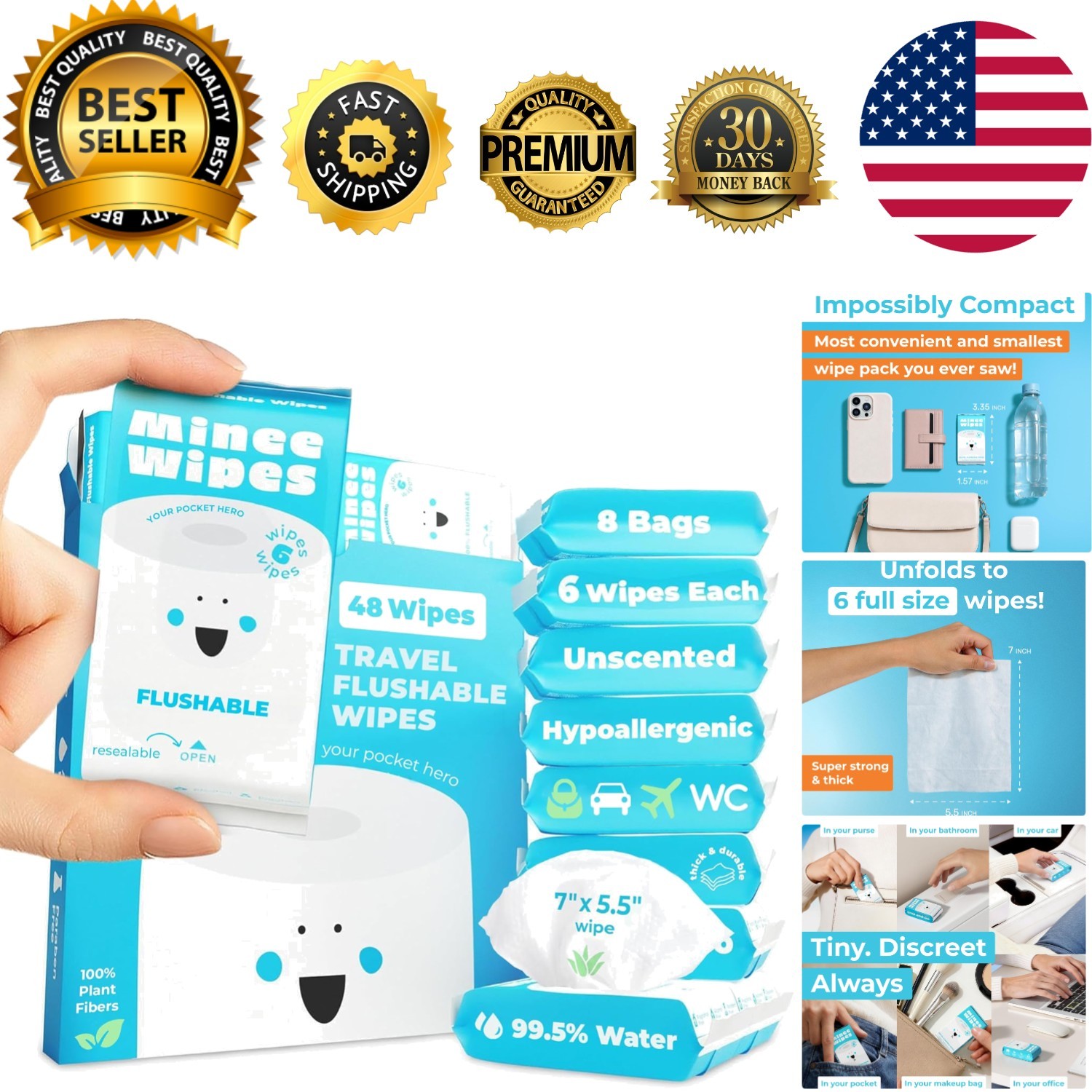Plant-Based Flushable Wipes – Gentle on Sensitive Skin, 8 Packs of 6 Wipes