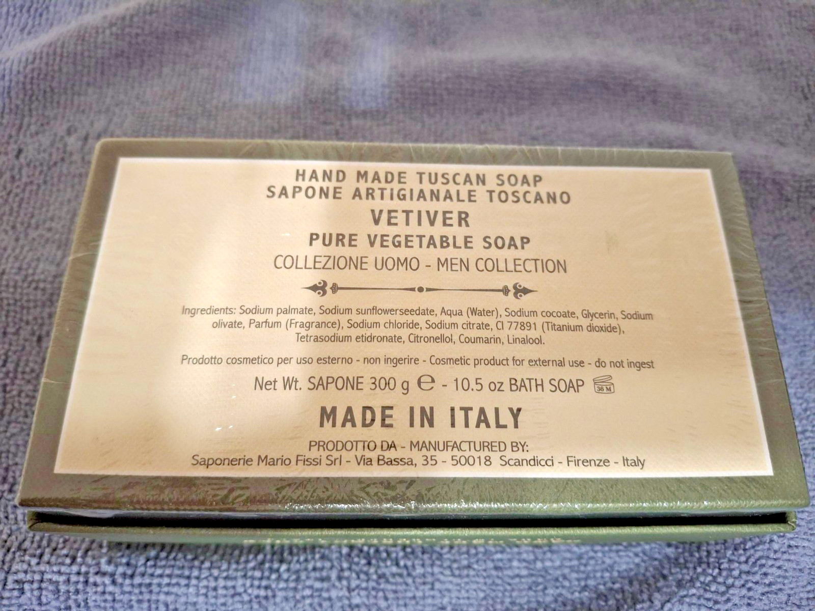 NEW In BOX Vetiver Pure Vegetable Soap MEN Italian Sapone 10.5 Oz Bar Tuscany