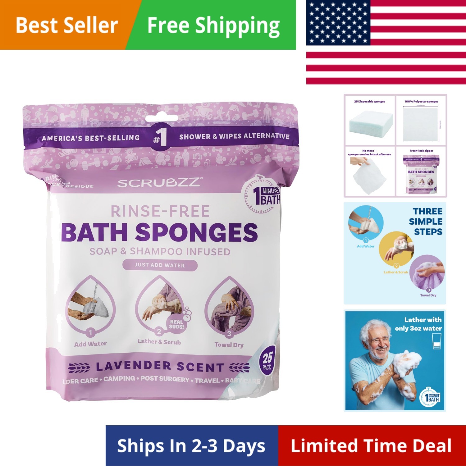 Disposable No Rinse Bathing Wipes – 25 Pack – All-in-1 Single Use Shower Wipe…