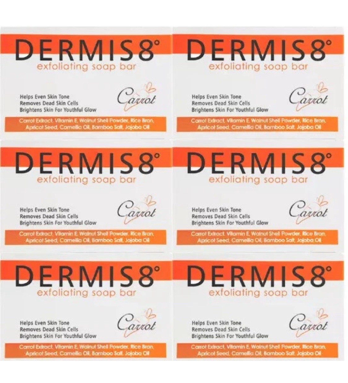 Dermis8° Exfoliating Face Soap 200g Bar Carrot Savon (Pack of 6)
