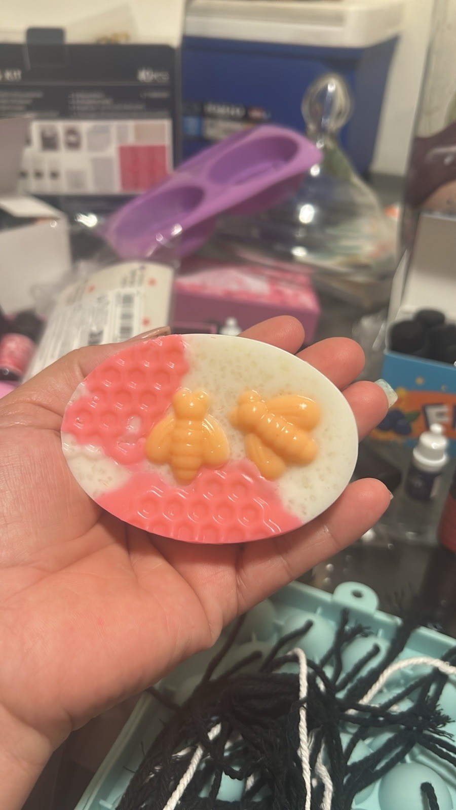 Handmade Body Bar Soap, Bee Pattern Disc, Pink/White/Orange for Body & Hands
