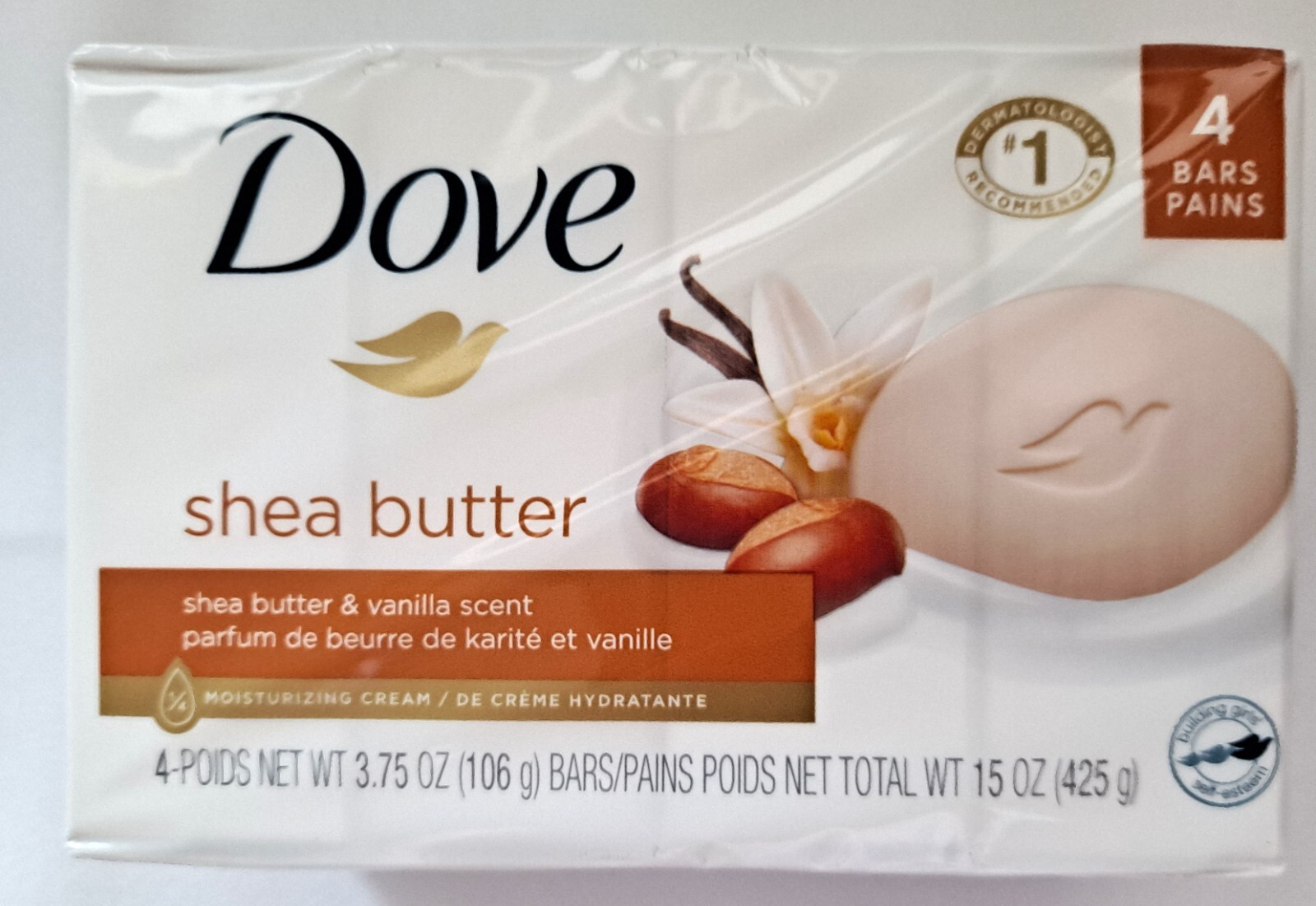 Dove Shea Butter & Vanilla Moisturizing Cream Beauty Soap 4 BARS (Total 15 oz)