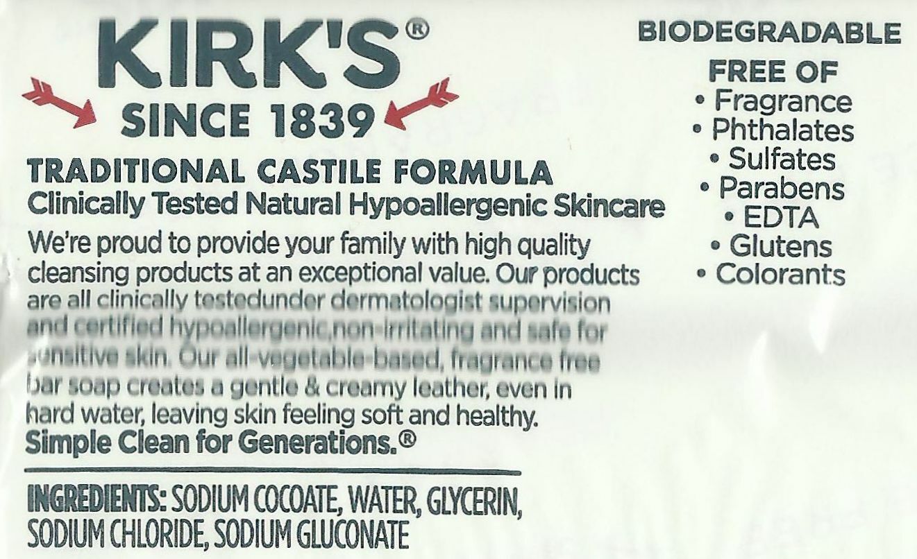 6 Bars Kirk’s fragrance free gentle 100% CocOnut CASTILE BAR SOAP 4oz Coco KIRKS