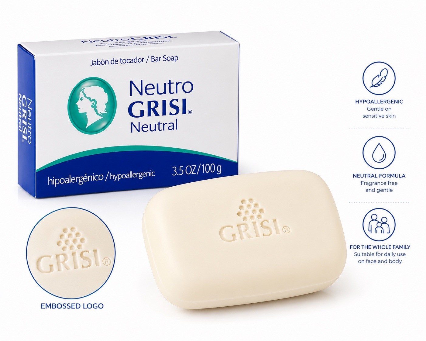 6 Pack Neutral Soap, Jabon Neutro, Grisi 3.5 Oz. X 6 Units