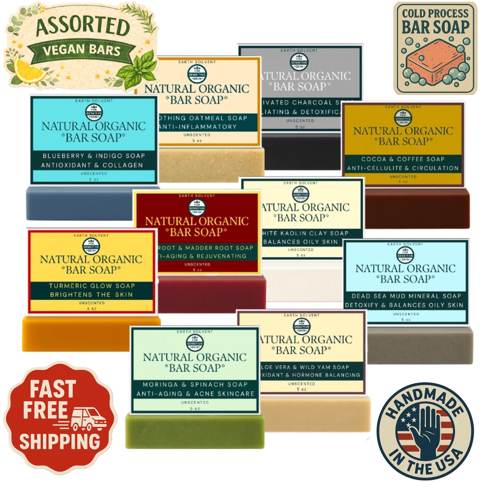 All Natural Organic Bar Soap Cold Process Soap USA Handmade 5oz Assorted 10 PACK