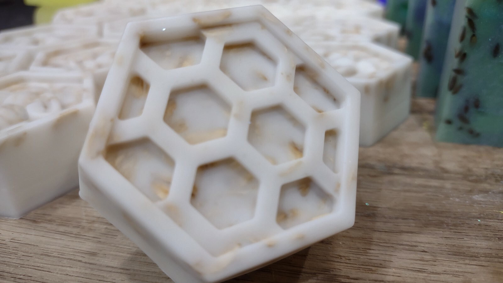 Handcrafted Goat Milk Soaps- Busy Bee- Hexagon Honeycomb Almond Oats 