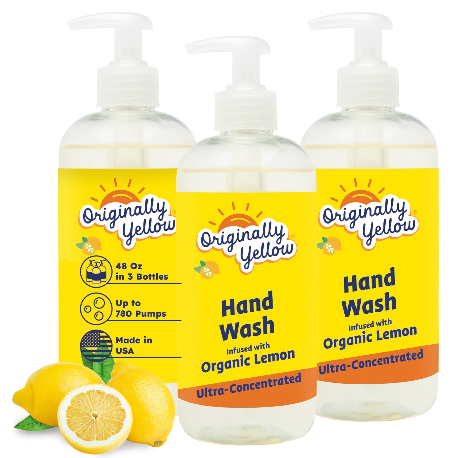 Originally Yellow Hand Soap Infused with Organic Lemon | 16 Fl Oz (Pack of 3)
