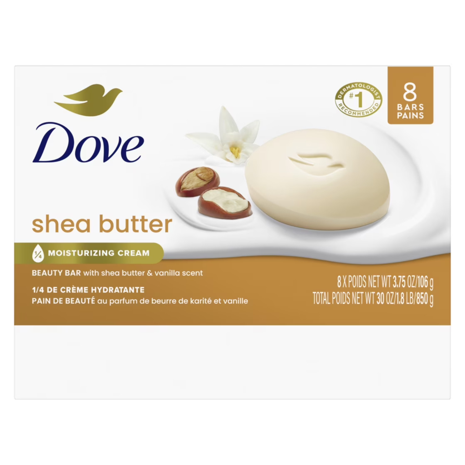 Dove Beauty Bar Women’s Bath Soap Shea Butter, 3.75 oz 8 Bars, 3 Pack