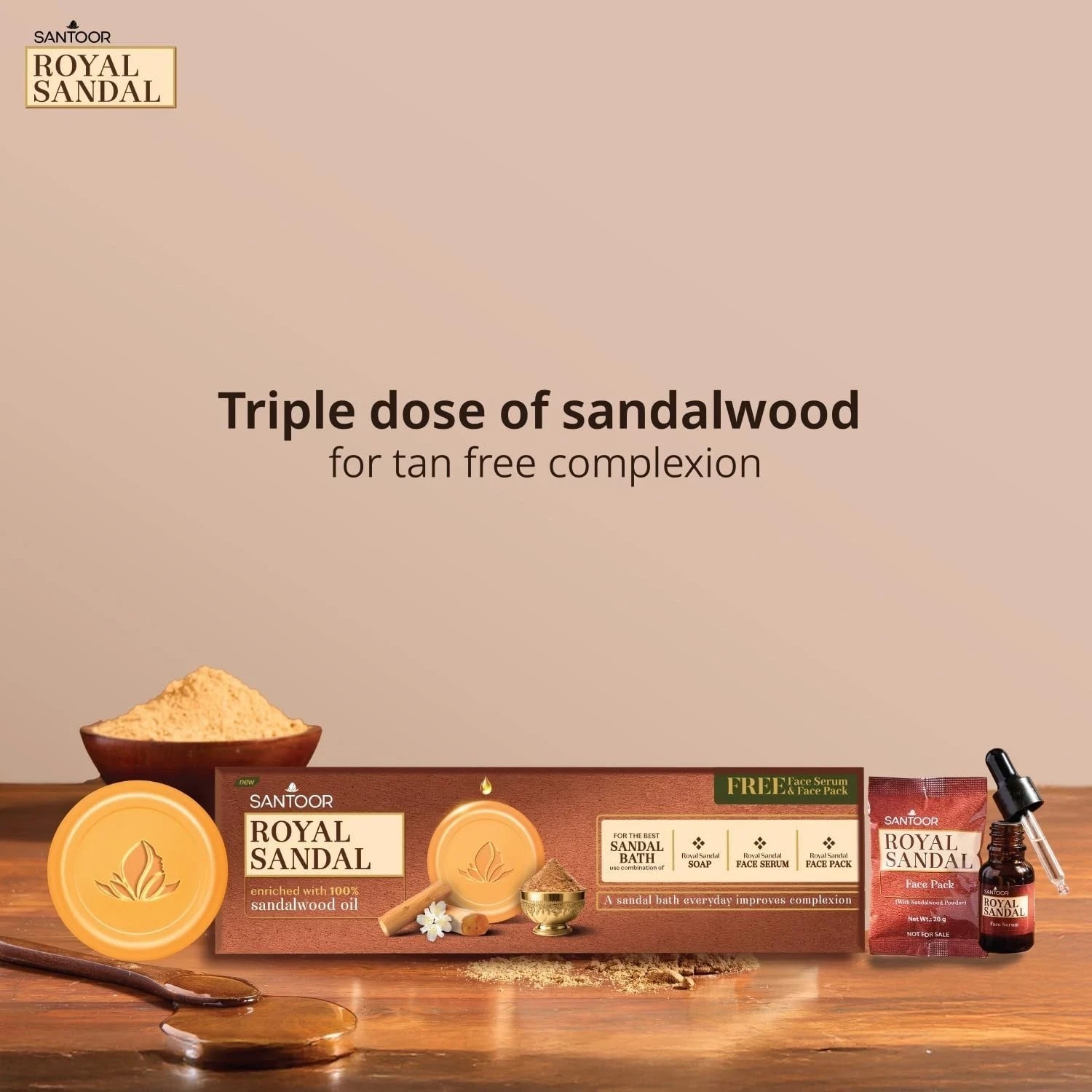 Santoor Royal Sandal Detan Pack 3 Soaps + Free Serum + Free Face Pack v353