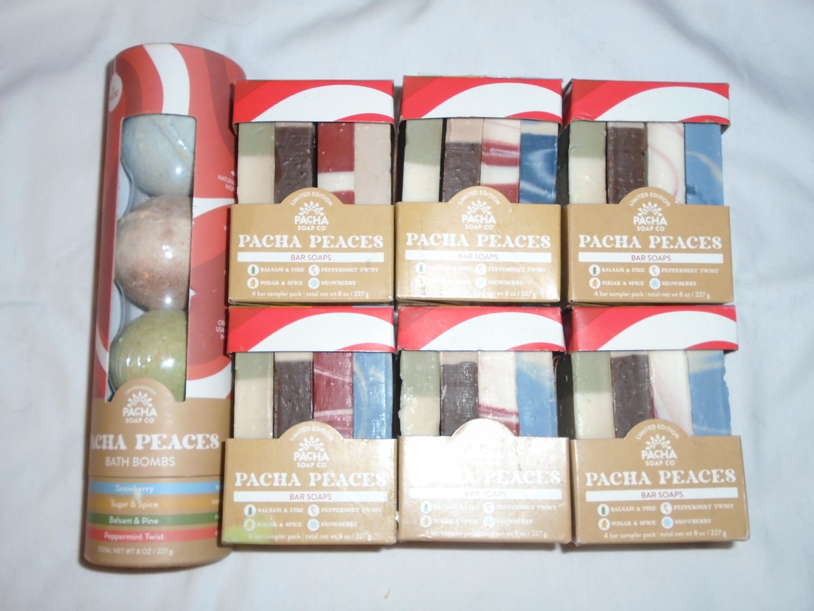 Set of 6 Pacha Peaces Bar Soaps 8 oz Variety Packs & 4-Pack Bath Bombs – NEW.