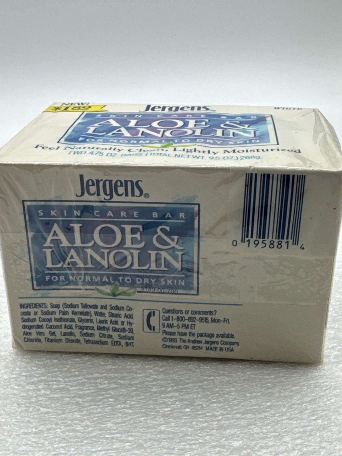 Vintage 1983 Jergens Aloe & Lanolin Skin Care Bar Soap 4.75 Oz 2pk NOS White
