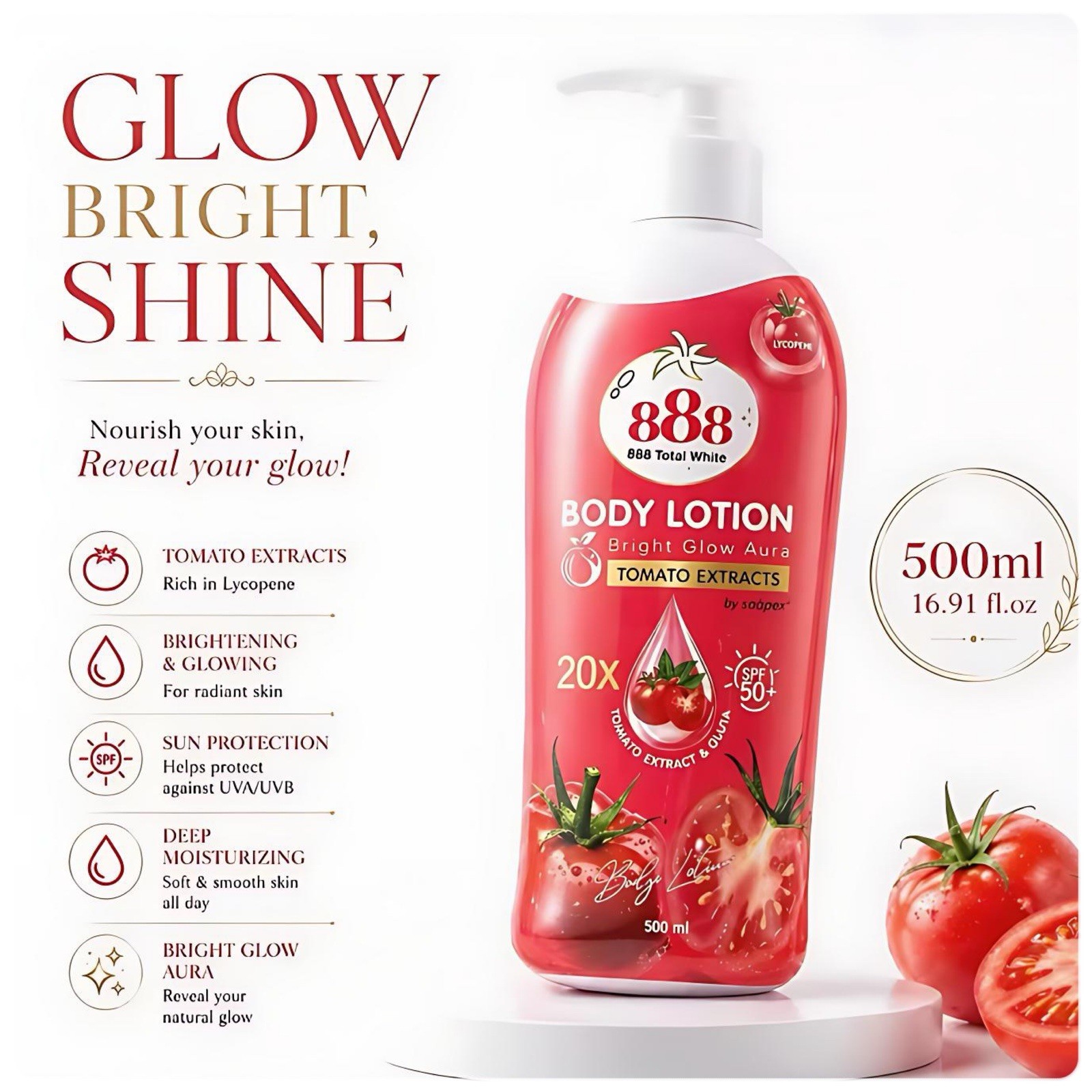 888 Total White Tomato Body Lotion Tomato Extracts With Lycopen SPF50 500g