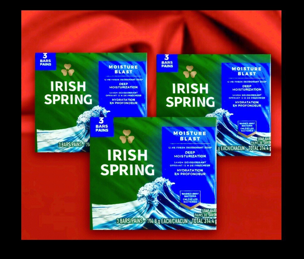 9 Bars Irish Spring Moisture Blast Deodorant Bar Soap:(3pk x 3), 12hr Fresh