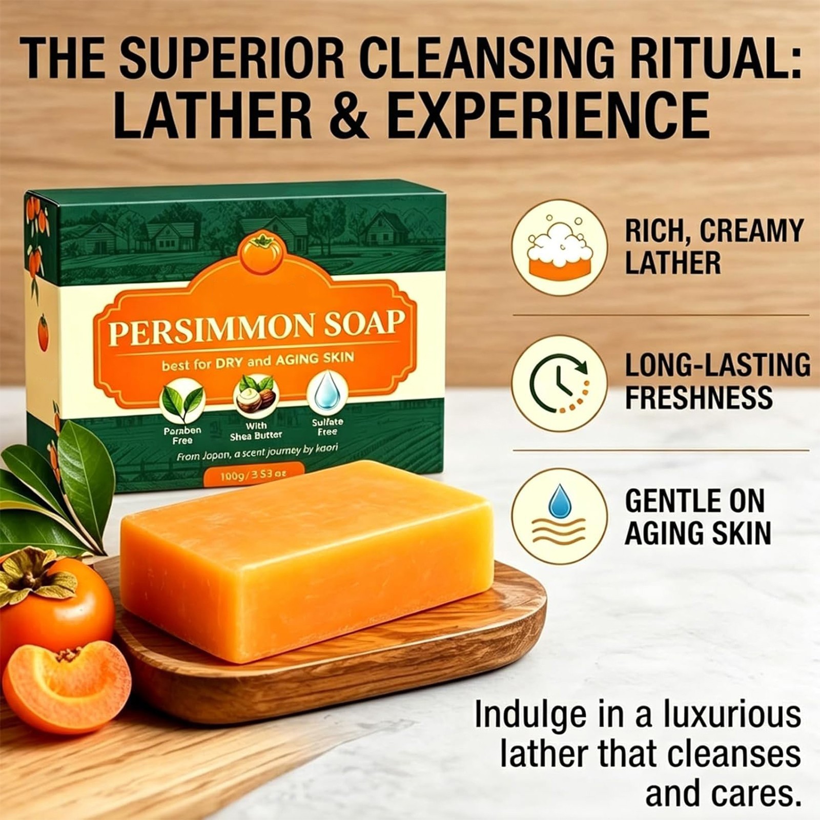 Persimmon Kaori Soap Green Tea Extract For Dry Aging Skin Unisex 1pc