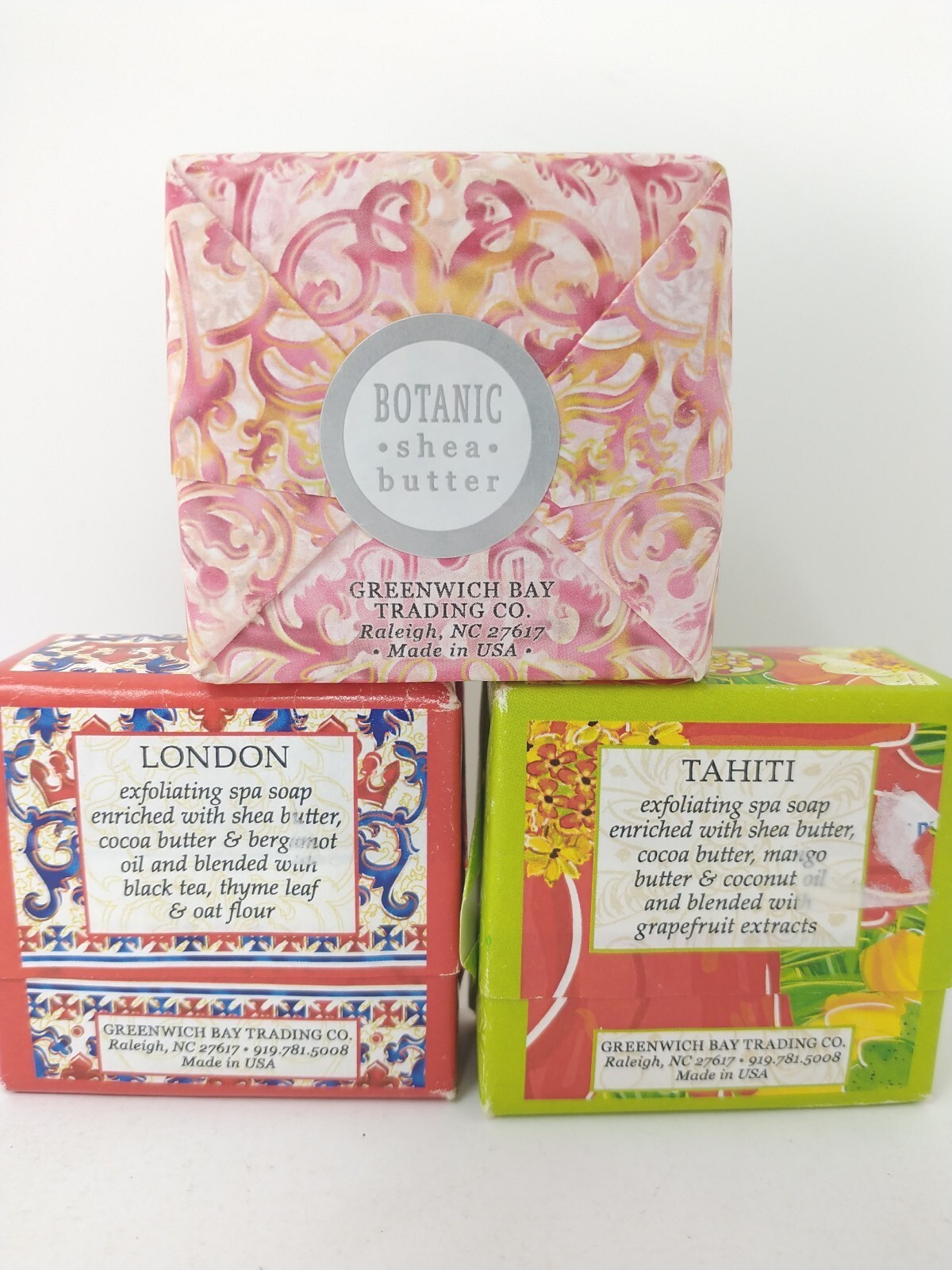 3 Greenwich Bay Trading Co. Soap Bars 1.9oz Each, Exfoliating Tahiti London