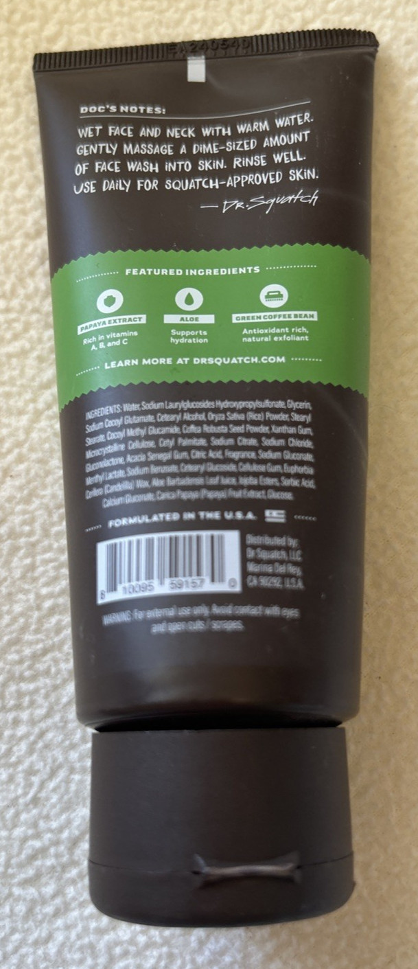 Dr. Squatch Men’s Natural Face Wash Cool Fresh Aloe Daily Use 4oz New Sealed