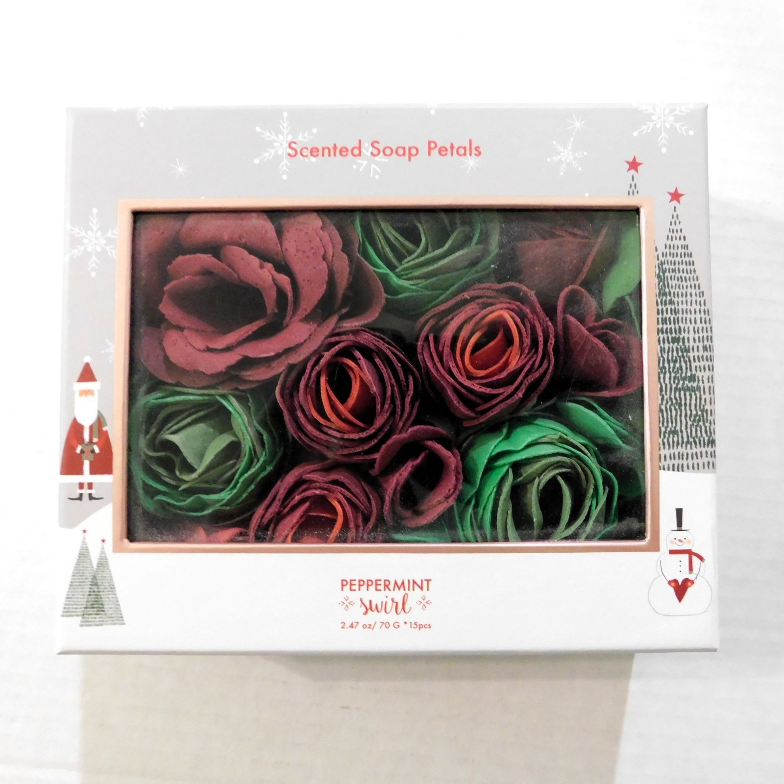 Scented Rose Soap Petals Set Peppermint Swirl Holiday-Themed Sealed Box
