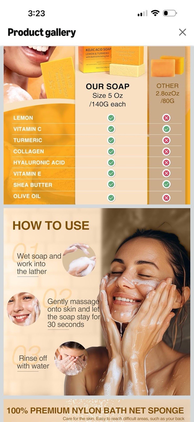 Lemon Turmeric Soap for Dark Body Spots Remover Brighten Soap Bar 2 Pk, Sponge