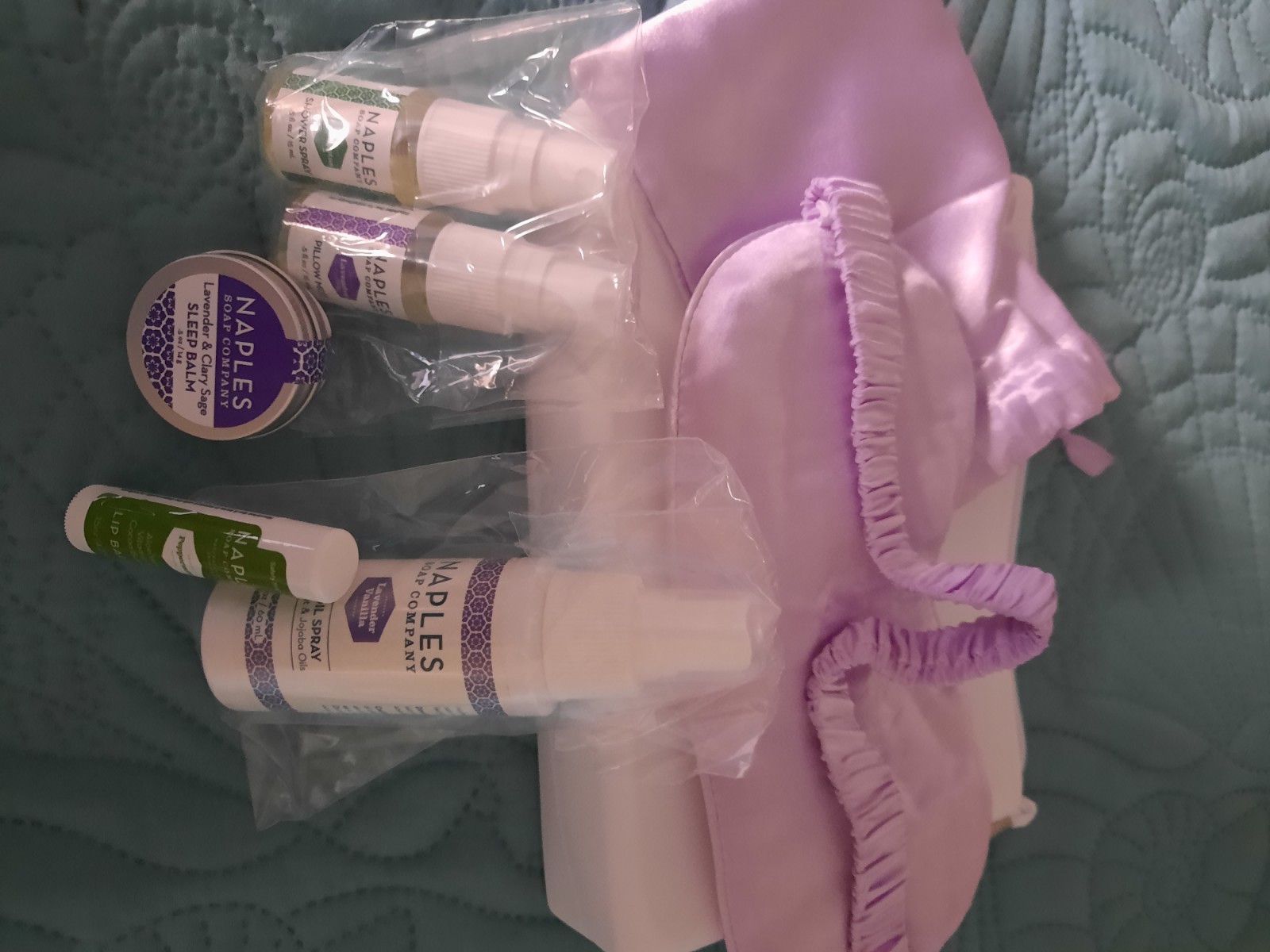 Naples Soap Company Travel Luxuries Set 6pc + Bag Body Oil Shower Spray Eye Mask