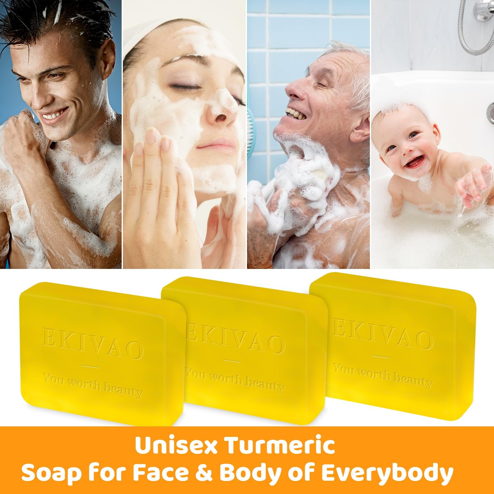 EKIVAO 3Packs Best Turmeric Soap Bar, Organic 3.5 Ounce (Pack of 3), yellow