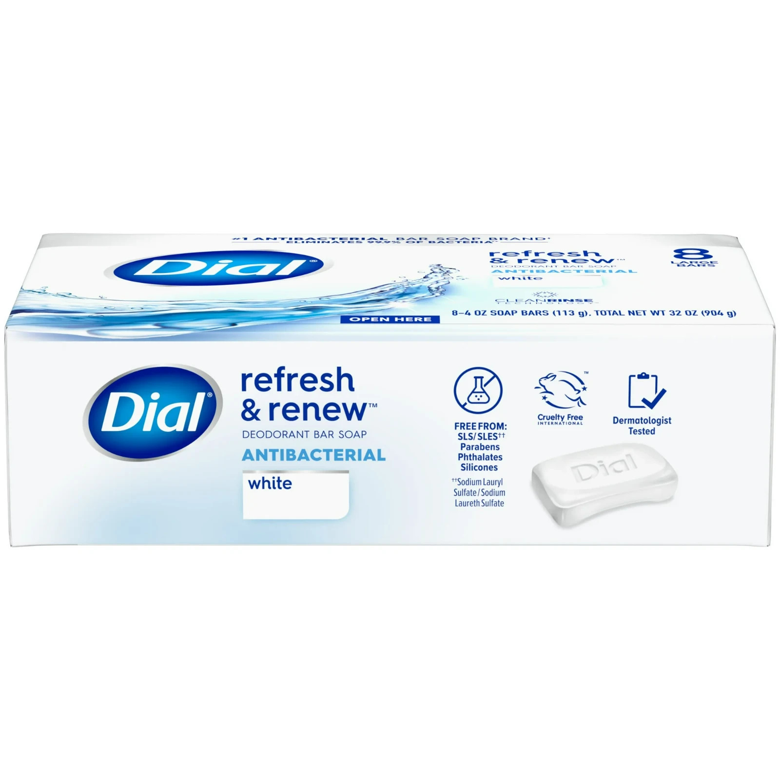 Dial Antibacterial Bar Soap White Deodorant Refresh & Renew 4 oz 8 Pack