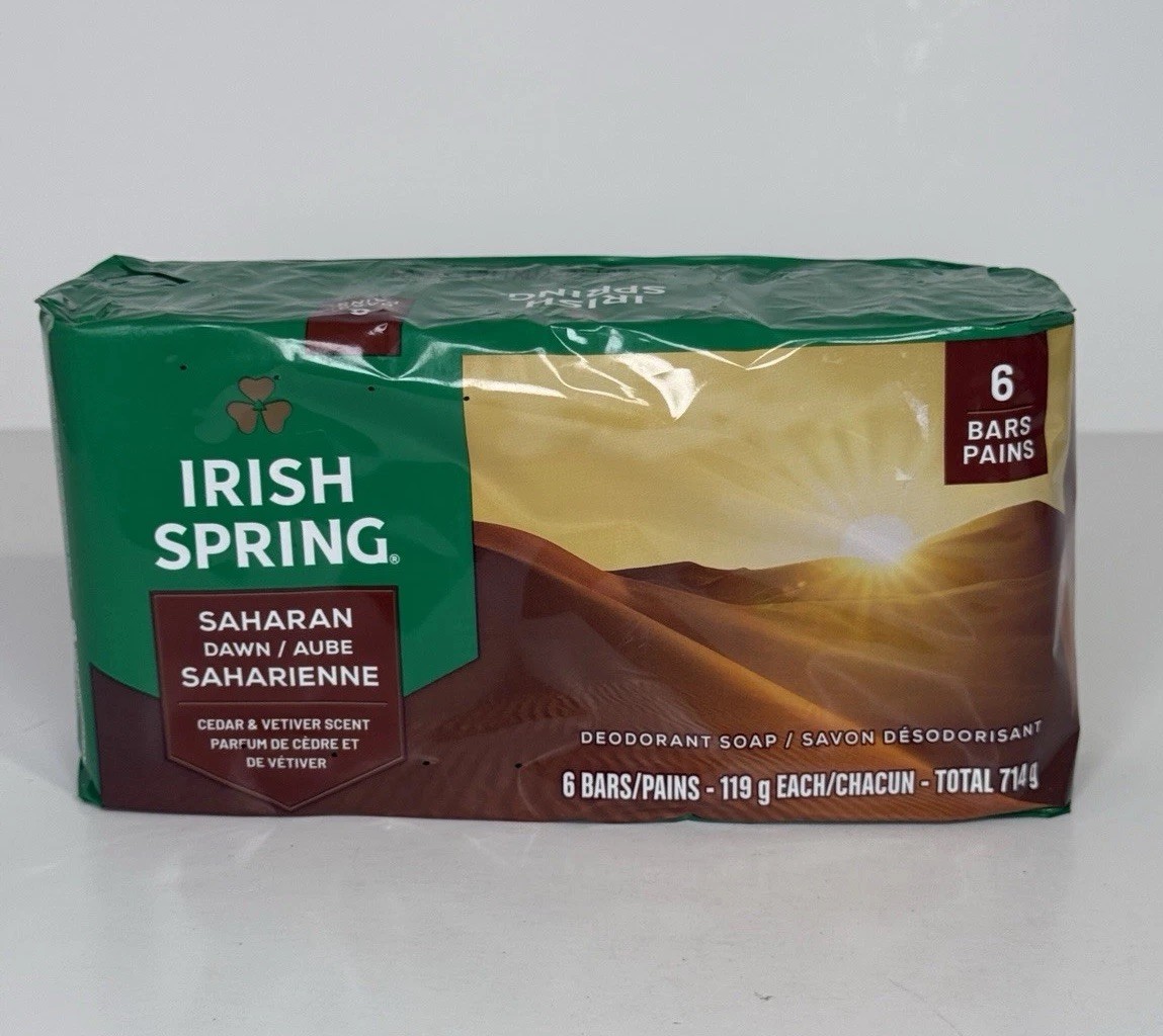 2 Irish Spring Deodorant Soap Saharan Dawn 6 Bar Each 4.2oz Cedar Vetiver Scent