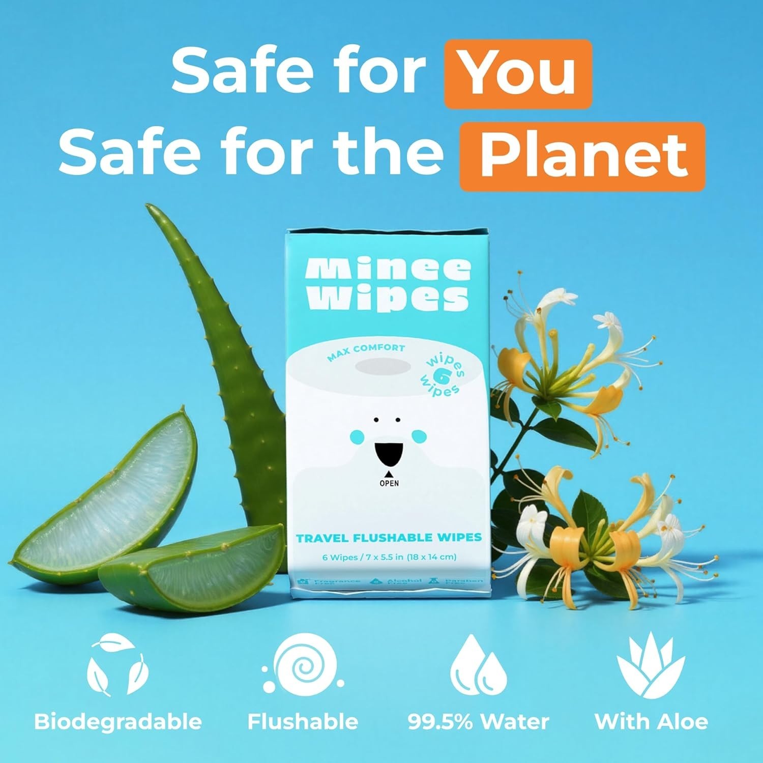 Plant-Based Flushable Wipes – Gentle on Sensitive Skin, 8 Packs of 6 Wipes