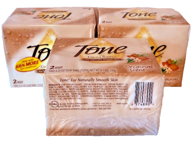 TONE With Cocoa Butter Original Scent 2 Bath Bars 4.25 oz Each x3 (total 6 Bars)