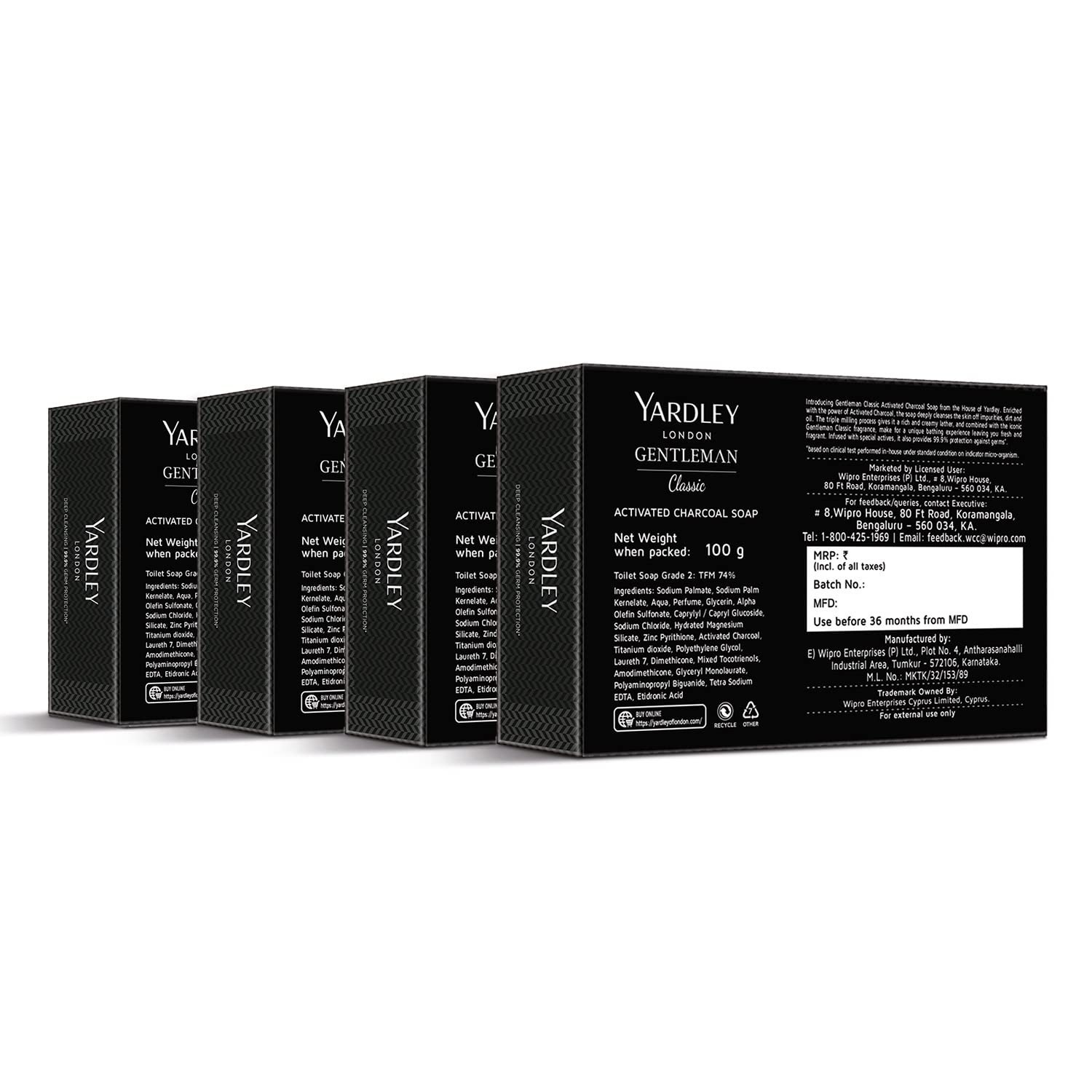 Yardley London Gentleman Classic Activated Charcoal Soap|100g (Pack of 4)