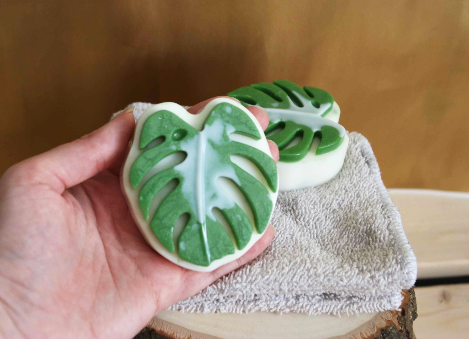 Monstera Shaped Green and White Body Bar Soap for Body and Hands