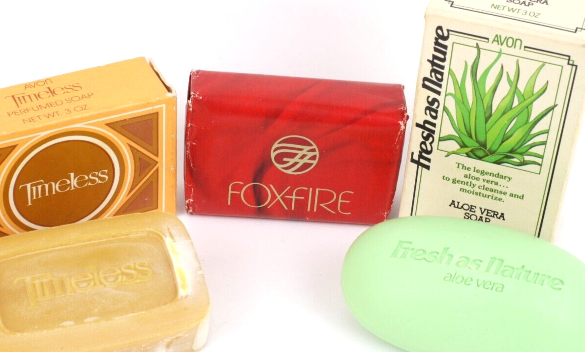 Lot 3 C1980 AVON Perfumed Bar Soap Timeless Foxfire Fresh As Nature Aloe Vera