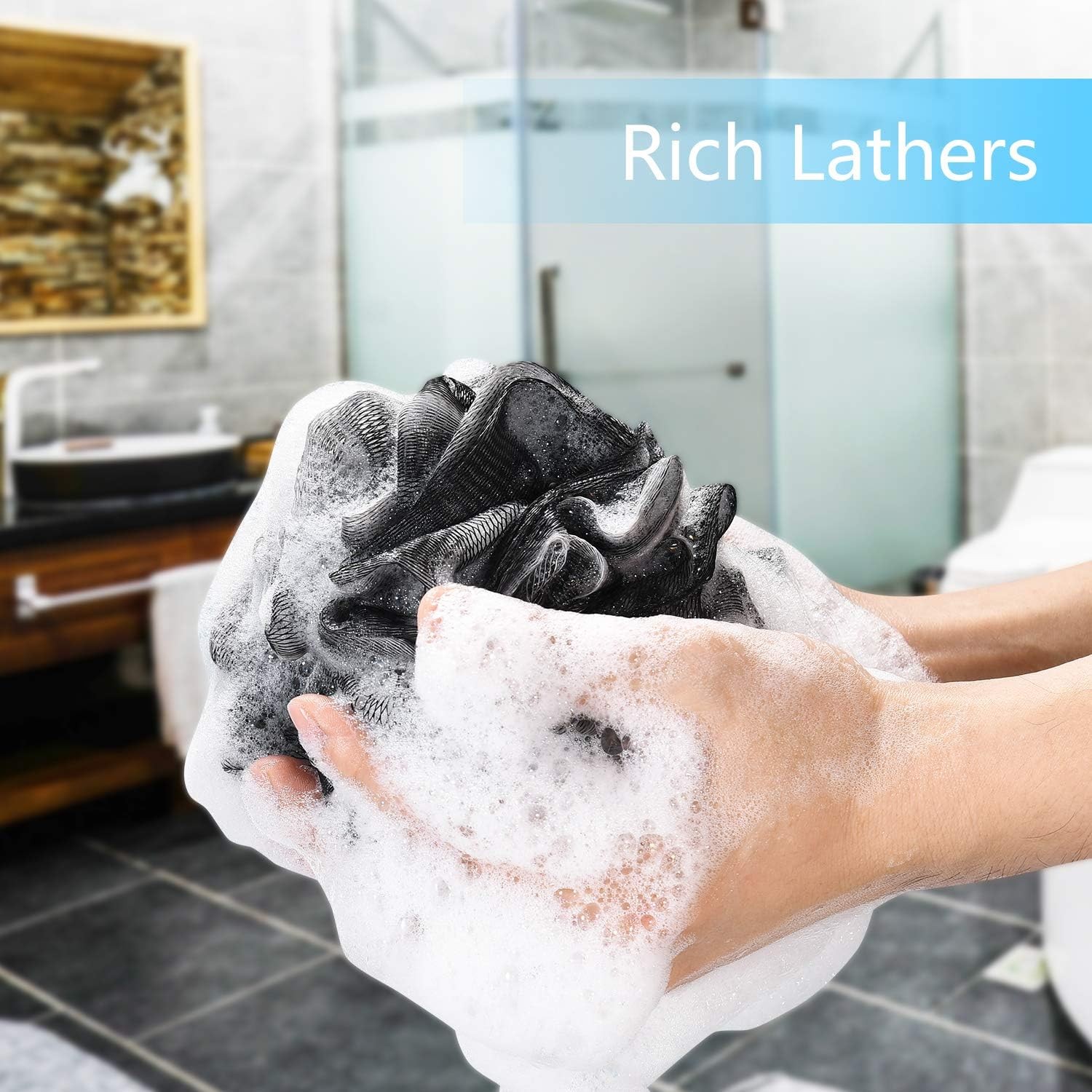 Yoget Bath Loofah Sponge, 4 Pack Black 60G Shower Mesh Ball Soft Pouf