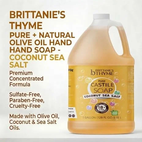 Brittanie’s Thyme Pure Castile Soap – Coconut Sea Salt, 1 Gallon (128 oz) – Natu