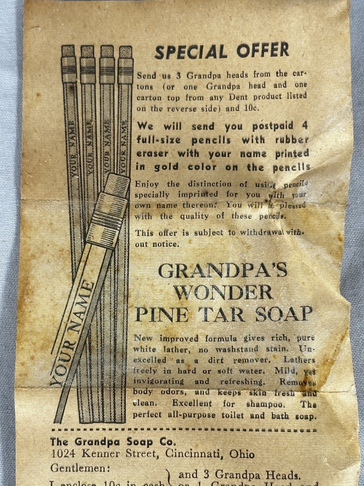 Antique Grandpa’s Wonder Pine Tar Toilet Soap Cincinnati Ohio Orig Paper Insert