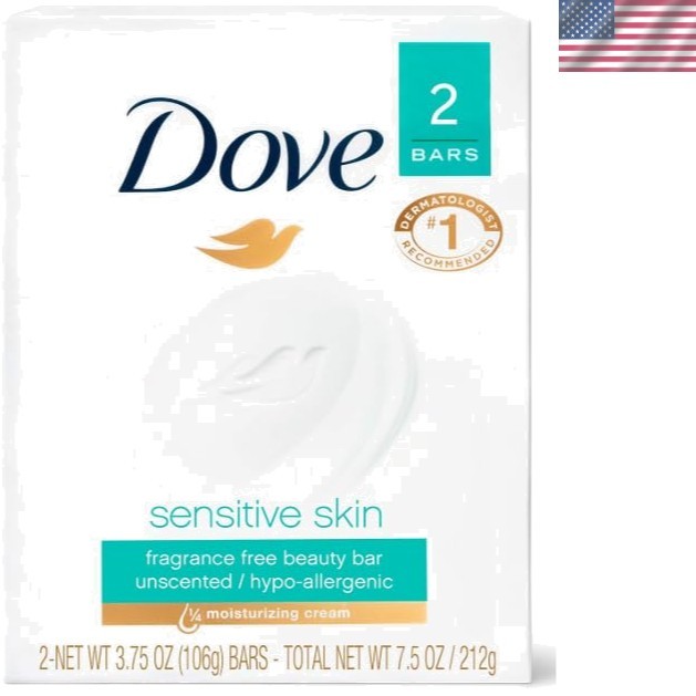 Dove Beauty Bar Soap for Sensitive Skin, 24 Bars, Fragrance-Free, Hypoallergenic