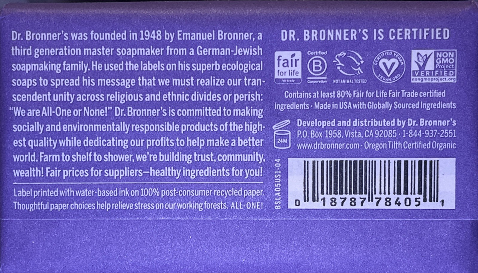Dr. Bronner’s Pure Castile Bar Soap All-One Hemp Lavender; Lot of Four 5oz Bars