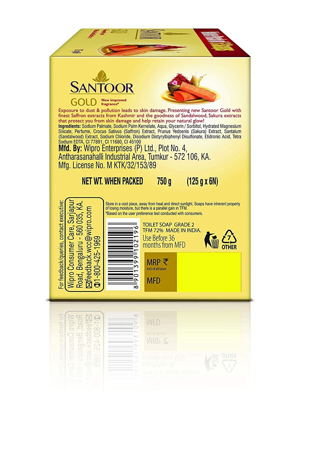 Santoor Gold Bath Soap with Saffron Sandal & Sakura Extracts 125g Pack of 6